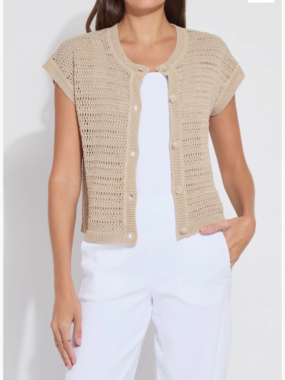 Lysse Beige Open-Knit Short-Sleeve Button Cardigan